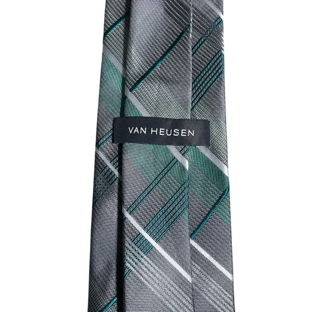 Van Heusen Gray Green Plaid Pattern 100% Silk Men’s Tie.